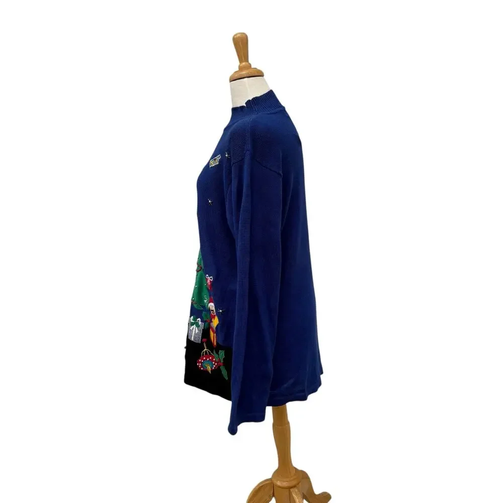 VTG Ugly Christmas Sweater‎ Lg Blue Tree Presents Oversized Ramie Holiday Granny